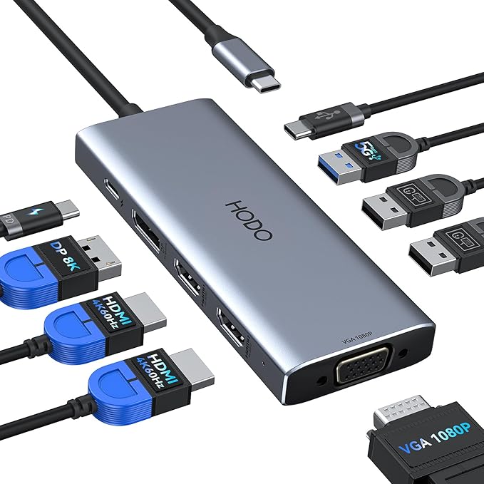 HODO USB C Docking Station Dual Monitor Adapter for Dell HP, Laptop Docking Station 3 Monitors Quad Display USB C Hub Dongle to 2 HDMI 4K,DP 8K,VGA,4 USB,PD, Thunderbolt Dock Type C Adapter for Lenovo