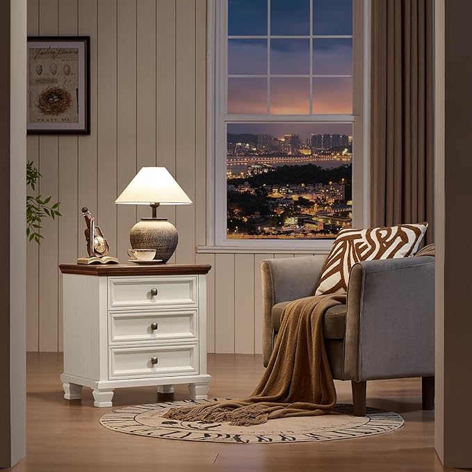 Farmhouse Nightstand Set of 2, Vintage Couch End Table with 3 Drawers & 4 Square Solid Wood Legs, Rustic Bed Side Table with Storage, Small Dresser for Bedroom, Living Room, White