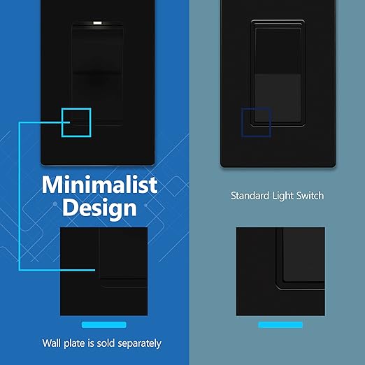 LIDER Minimalist Design Matte Finish Lighted Decorator Switch, Frameless Paddle Light Switch with Locator Light, Grounding Screw,15A 125V, UL Listed, LS15-1P-BK10P, Black, 10 Pack