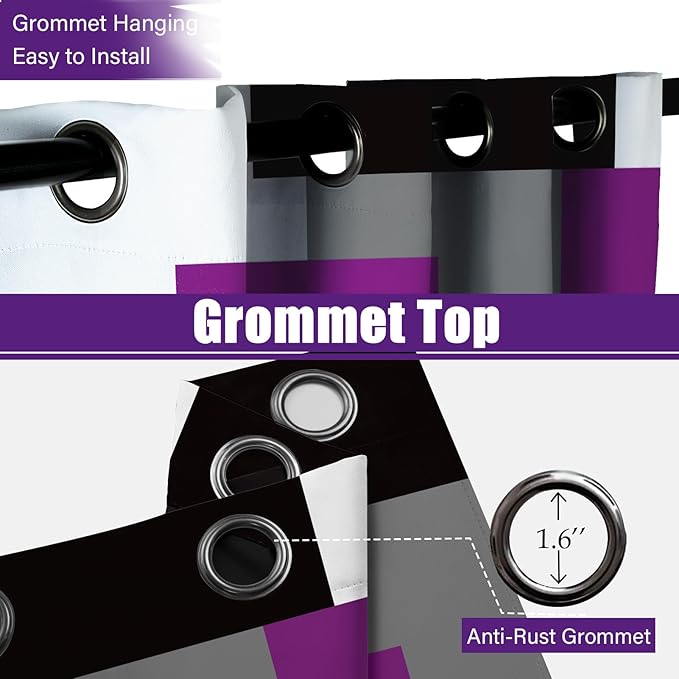 Purple 100% Blackout Curtains for Bedroom 108 inch Extra Long 2 Panels Set Black White Grey Modern Abstract Geometric Black Out Curtains Room Darkening Window Drapes for Living Room, 52Wx108L