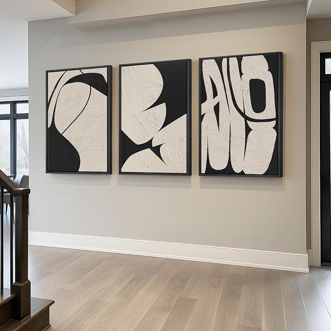 Large Framed Neutral Abstract Wall Art, 3 Piece Black and Beige, 24x36 In | - Image 8