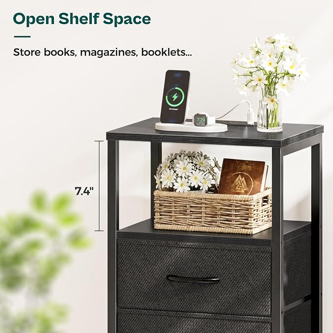 Huuger Nightstand with Charging Station, Side Table with Fabric Drawers | End - Image 7