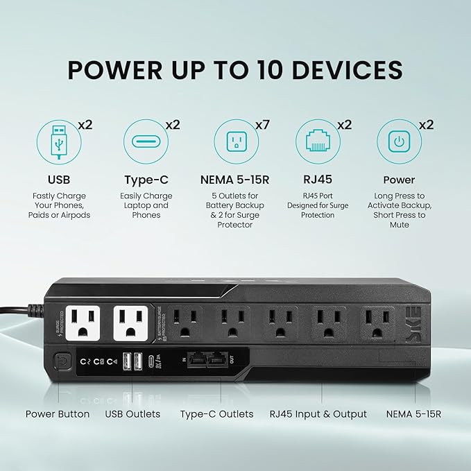 SKE Compact Size 625VA/360W UPS Battery Backup & Surge Protector for Computer UPS Uninterruptible Power Supply Phoenix VL625