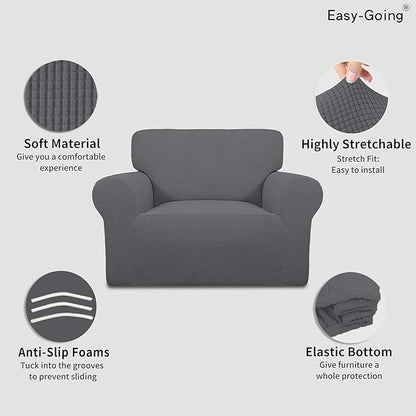 Easy-Going Stretch Oversized Chair Sofa Slipcover 1-Piece Couch Sofa Cover Furniture Protector Soft with Elastic Bottom for Kids Spandex Jacquard Fabric Small Checks Gray