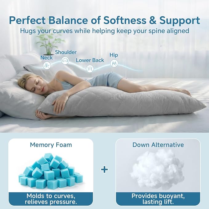 BEDELITE Cooling Body Pillow, Memory Foam Filled, Light Grey, 20x54 Inches | - Image 4
