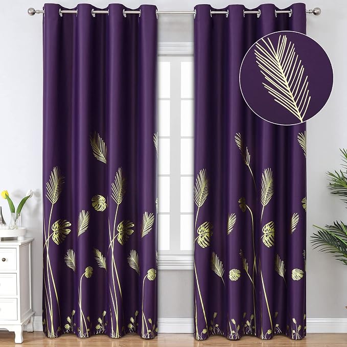 Purple Blackout Curtains for Bedroom, Room Darkening Gold Palm Tree Pattern by ESTELARTEXTILER