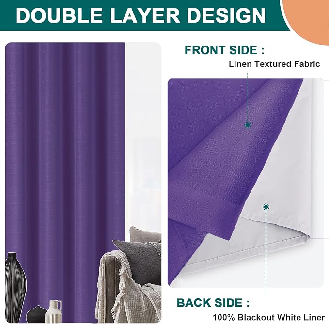 Diraysid 100% Blackout Curtains Purple Linen Curtains - Image 2