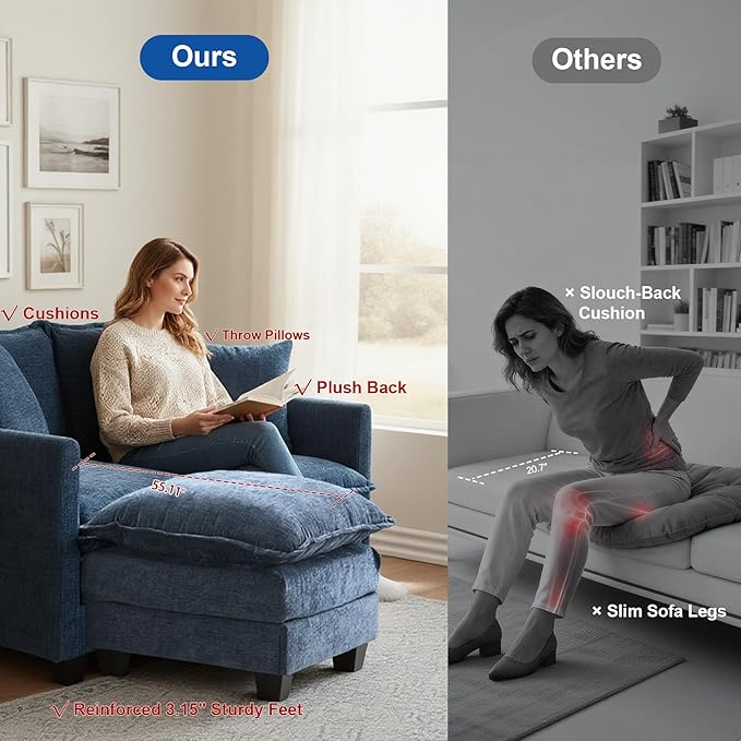 Loveseat Sofa with Ottoman, 50'' Modern L-Shape Cloud Couch Sofa Loveseat with 22'' Ottoman for Small Space/Apartment/Office/Living Room 8834-BLUE-L