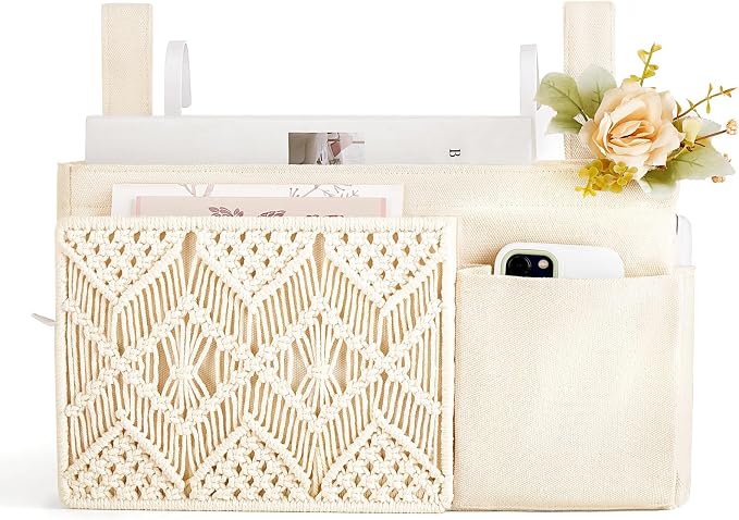 Mkono Bedside Caddy, Macrame Hanging Organizer, 4 Pockets Ivory Metal Hooks | - Image 8