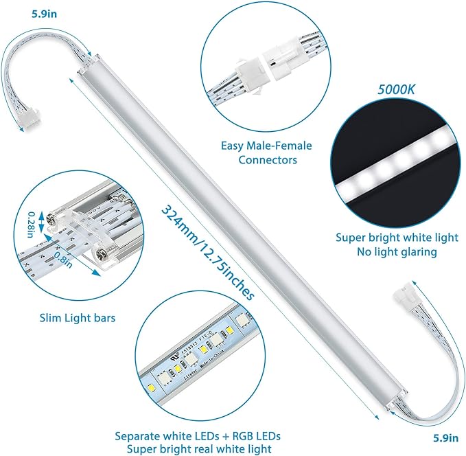 Under Cabinet LED Lights Kit. RGB Color Changing & Super Bright White Lighting. Dimmable with Remote. 6 pcs Linkable LED Light Strips with Power Supply, Extension Cords. Plug in. Max 24W. RGB + 5000K.