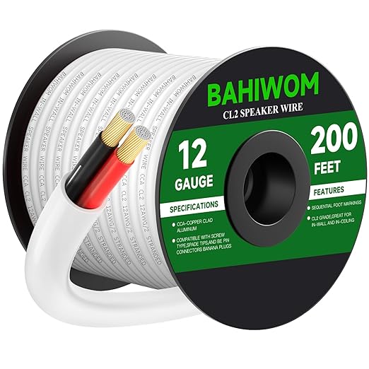 BAHIWOM Fire Safety CL2 Speaker Wire in-Wall & in-Ceiling 12 Gauge Wire 200 FT CCA Cord 2 Conductors Red Black Speaker Cable for Indoor Home Theater System,Car Audio Soft White Jacket