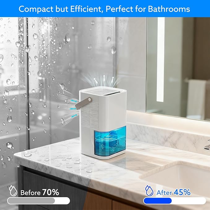 Litever Dehumidifier Highly Efficient for Home. Compact Quiet Portable with Auto Shut OFF. 57OZ Water Tank. Delay-Off Timer and Ambient Light. Good for Small Bedroom Bathroom Basement RV Camper Closet