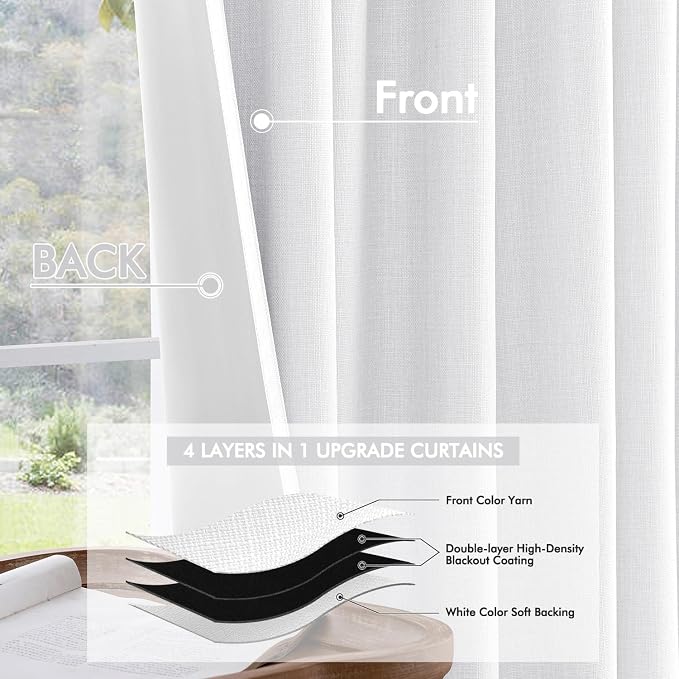 MIULEE 100% Blackout Back Tab Pleat Linen Curtains 50" Wx120 L, Bright White | - Image 5