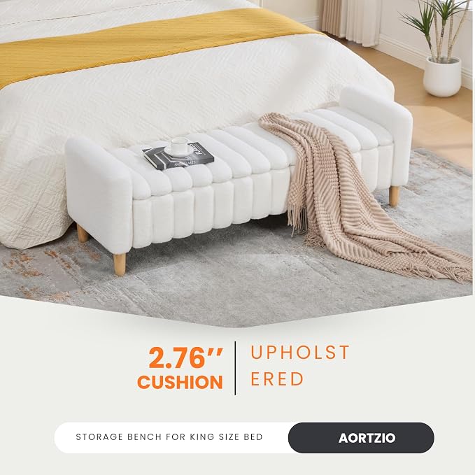 63.4" Cute Teddy Fabric Ribbed King Size End of Bed Bench. | Entryway Ottoman - Image 5