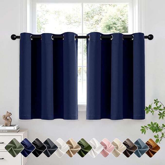Short Navy Blue Half Blackout Curtains W40 x L36 Inch 2 Panels | Thermal by Woaboy