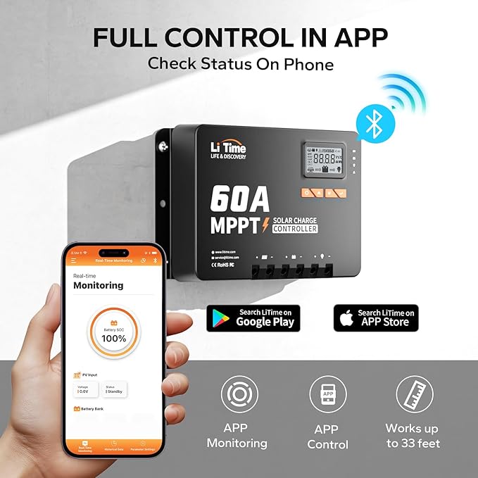 LiTime 60 Amp MPPT 12V/24V/36V/48V/Auto DC Input Solar Charge Controller is Equipped a Built- in Bluetooth Module, with Parameter Adjustable LCD Display LED Indicators Solar Panel