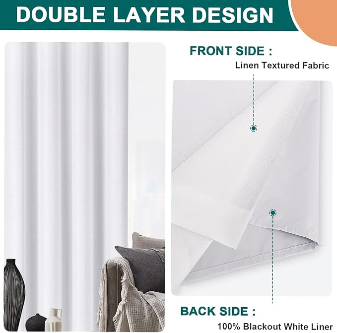 Diraysid 100% Blackout Curtains White Linen Curtains - Image 5