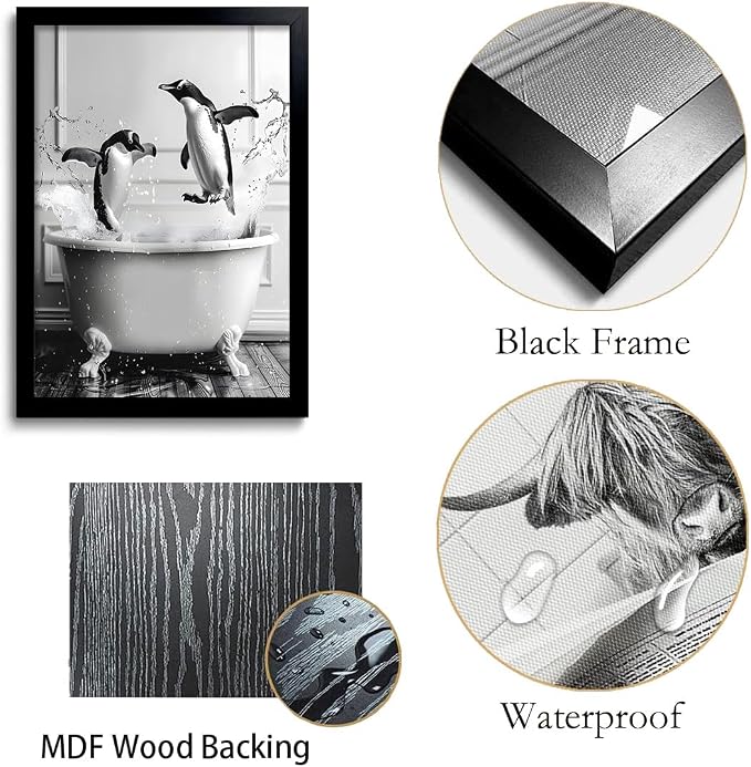 OIQArtOIQ Funny Bathroom Framed Wall Art Black and White Animal Canvas Wall Art - Image 7