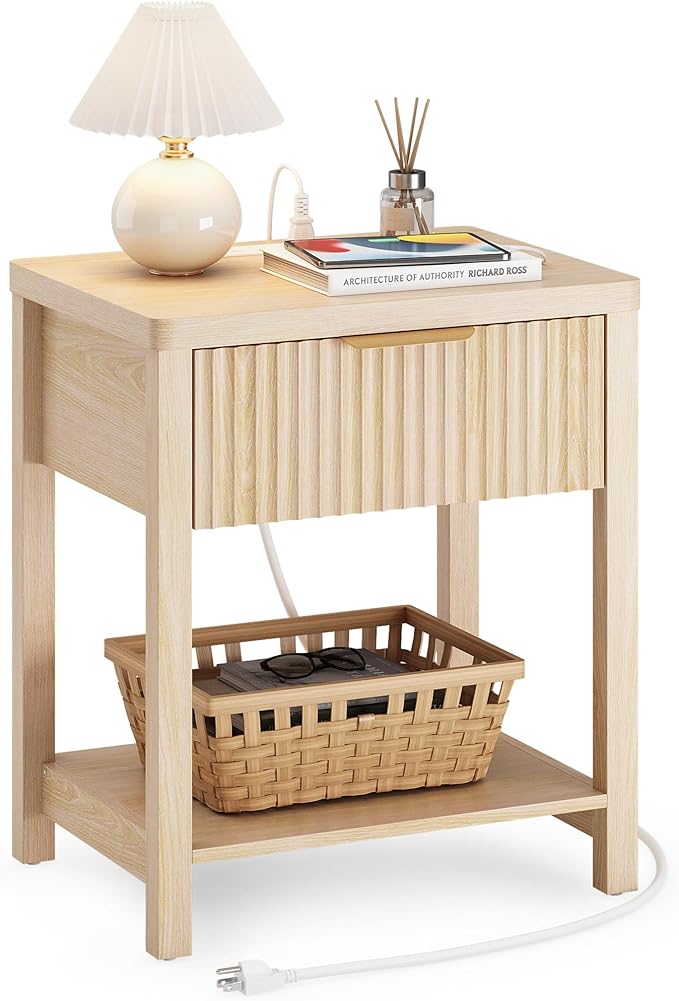 Night Stand Set 1, Fluted Wood Bedside Table w/Socket Station by Lulive