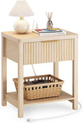 Night Stand Set 1, Fluted Wood Bedside Table w/Socket Station by Lulive
