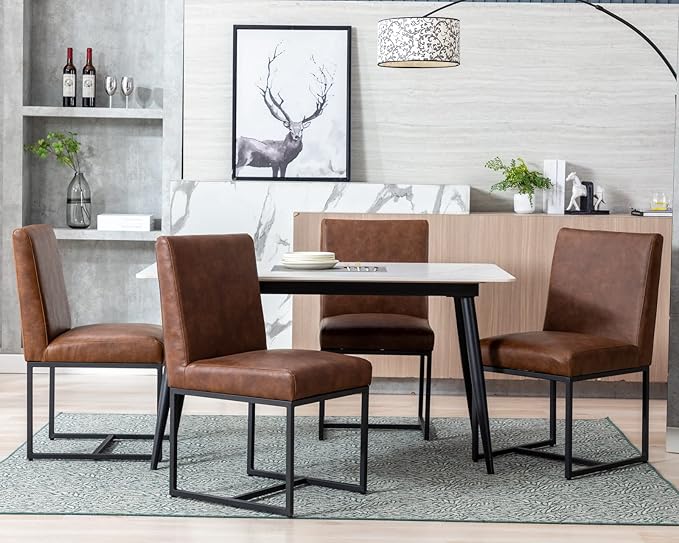 CIMOTA Modern Dining Chairs Set of 4, Leather Dining Room Chairs Upholstered Mid Century Armless Guest Side Chair with Black Base for Dining Room/Kitchen, Vintage Brown 4PCS