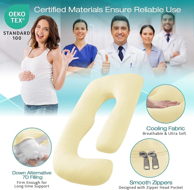 Cooling Pregnancy Pillows for Sleeping, Light Yellow | Sasttie Maternity Pillow - Image 3
