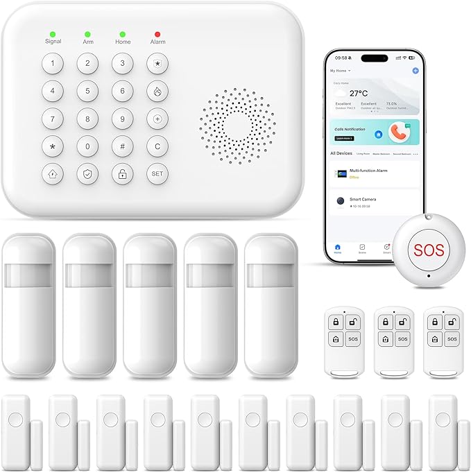 PGST Home Security Alarm System,Smart Home Alarm System with Door/Motion Sensors,GSM 4G/Tuya APP Alerts,Compatible with Alexa and Google Assiatant for Home,Villa,Kids Safety