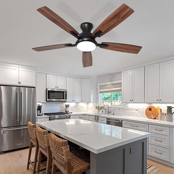 revoici Ceiling Fans with Lights, 52 Inch Black and Brown Wood Ceiling Fan, 6 Speed and Reversible DC Motor, Modern 5 Blade Low Profile Flush Mount Ceiling Fan for Living Room, Outdoor Patio