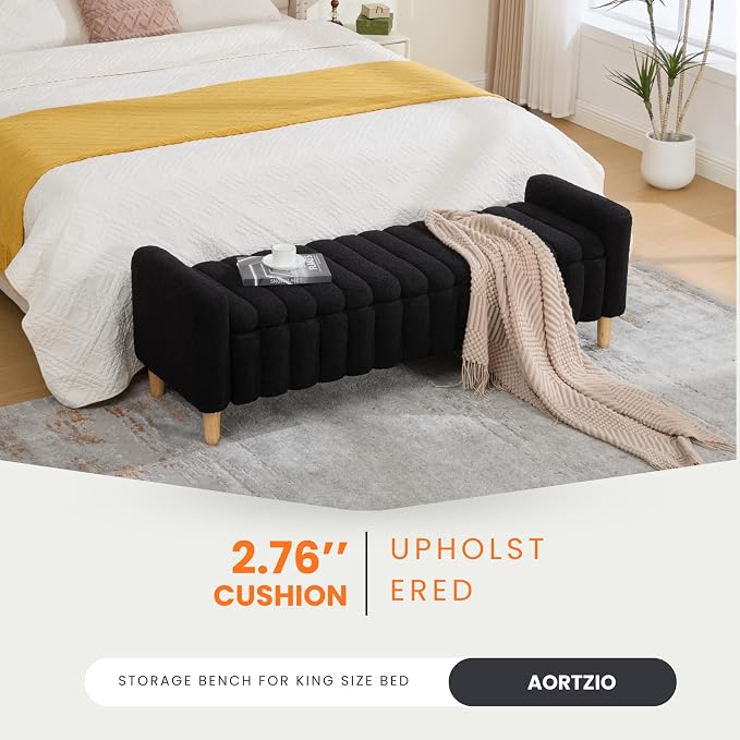 63.4" Cute Teddy Fabric Ribbed King Size End of Bed Bench. | Entryway Ottoman - Image 5
