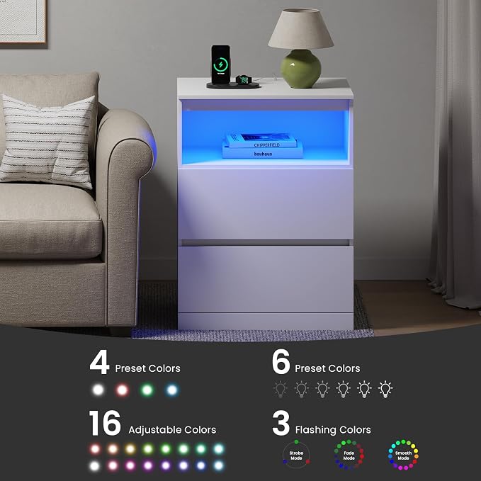 Nightstands Set of 2 with Charging Station, LED Lights, Hidden Drawer, Modern - Image 8