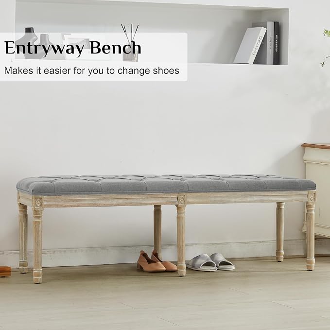 LOULENS 57.7" Linen End of Bed Bench King Size, Light Grey | French, Upholstered - Image 7