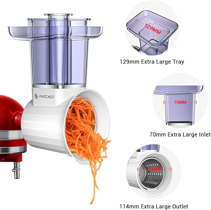 AMZCHEF Slicer Shredder Accessories and Attachments For KA Stand Mixers with 2.8IN Large Feed Chute, Oversized Cheese Grater Attachment with 4 Food Grade Blades, 304 Stainsless Steel, Dishwasher Safe