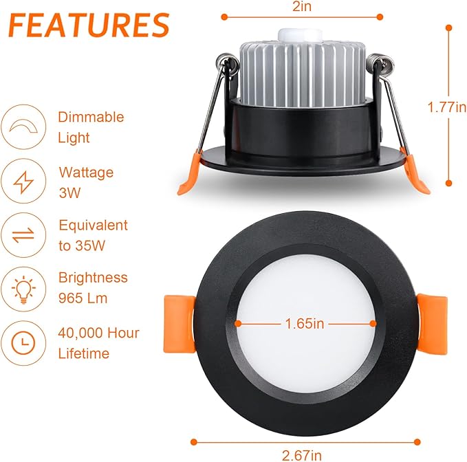 inShareplus 2 Inch LED Recessed Lighting, Black Downlight Dimmable 3W (35W Equivalent), 5000K Daylight White, CRI80, Recessed Light Fixtures with LED Driver (1 Pack)