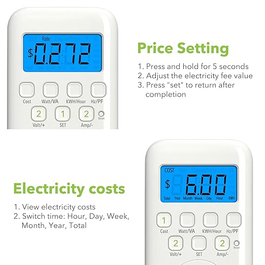 HBN Watt Meter Plug with Backlight, Plug-in Socket Power Meter Electricity Usage Monitor Consumption Home Electrical Energy Monitor, Voltage Amps Wattage Electricity Usage Tester, 9 Display Modes