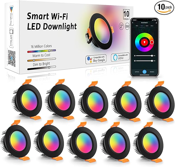 LightingWill 2 Inch Recessed Lighting, Smart WiFi LED Downlight, 5W LED Ceiling Light Compatible with Alexa/Google Assistant, Dimmable RGB & 2700K-6500K, 120V with Driver, Black Trim (10 Pack)