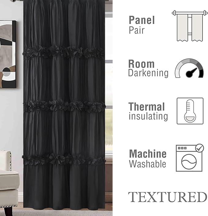 Boho Thermal Insulated Blackout Window Curtains Black | Ruched Window Treatments - Image 2