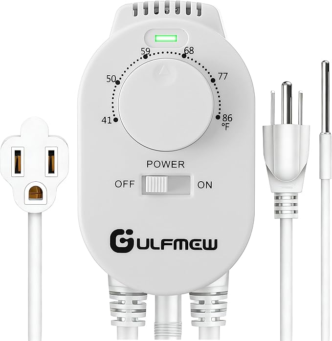 Plug in Thermostat for Heater, Thermostat Plug Outlet with 4.9FT Power Cord, Heating and Cooling Thermostats Outlet with Temperature Probe for Space Heater, Greenhouse Fan(White,1 Pcs)
