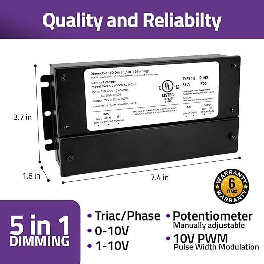 HitLights 300W Dimmable LED Driver, Electronic Transformer, 120V AC to 24V DC Power Supply for LED Strip Light, IP66 Rated, Dimming with TRIAC, 0-10V, 1-10V, Potentiometer, 10V PWM, UL Listed, Class 2