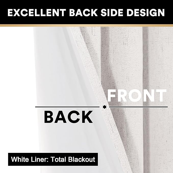 PrinceDeco 100% Blackout Curtains 84 Inches Long with Thermal Insulated White Liner Linen Textured Blackout Curtains for Bedroom, W42 x L84, 2 Panels,84 inch Length for Doorway, Office, Ivory
