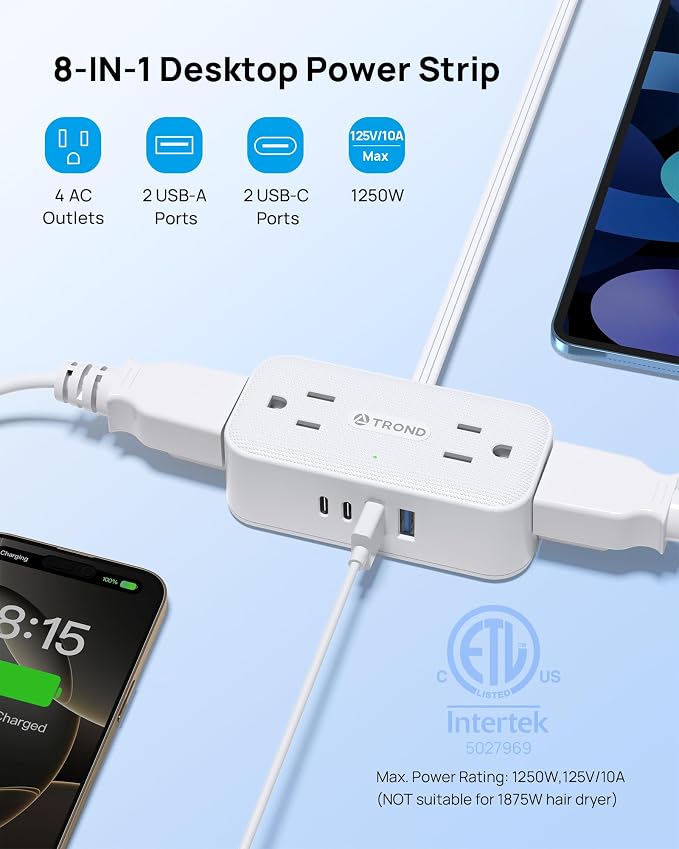 TROND 360° Rotating Flat Plug Power Strip 1.5ft, 4 Widely AC Outlets, Wall Mount - Image 3