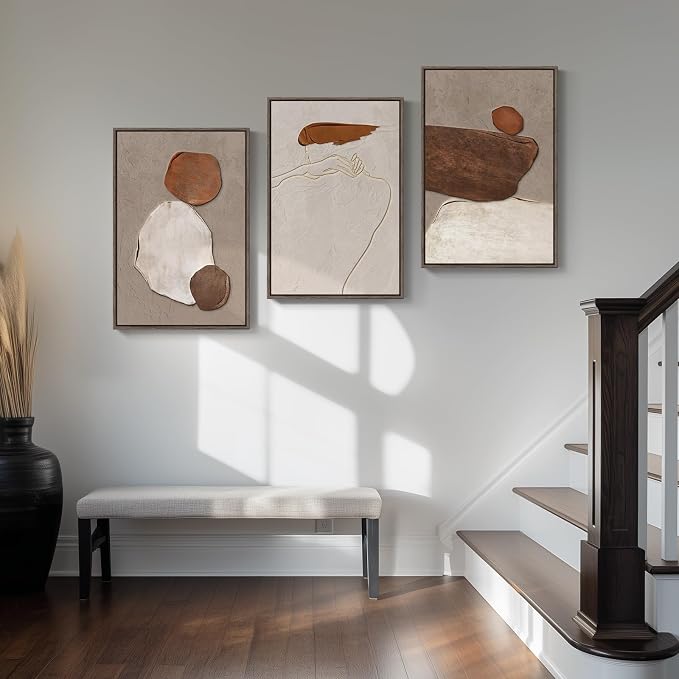 Framed Neutral Abstract Wall Art, 3 Piece Earth Tones Rustic Canvas Prints - Image 5
