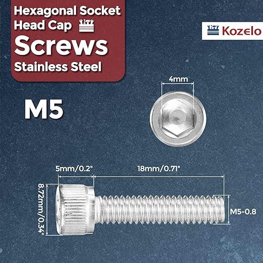 Kozelo 40pcs Socket Head Cap Screws - [M5-0.8 x 18mm] 304 Stainless Steel Allen Socket Drive for Electrical Motor 3D Printing Fan Engine Replacement Use, Silver
