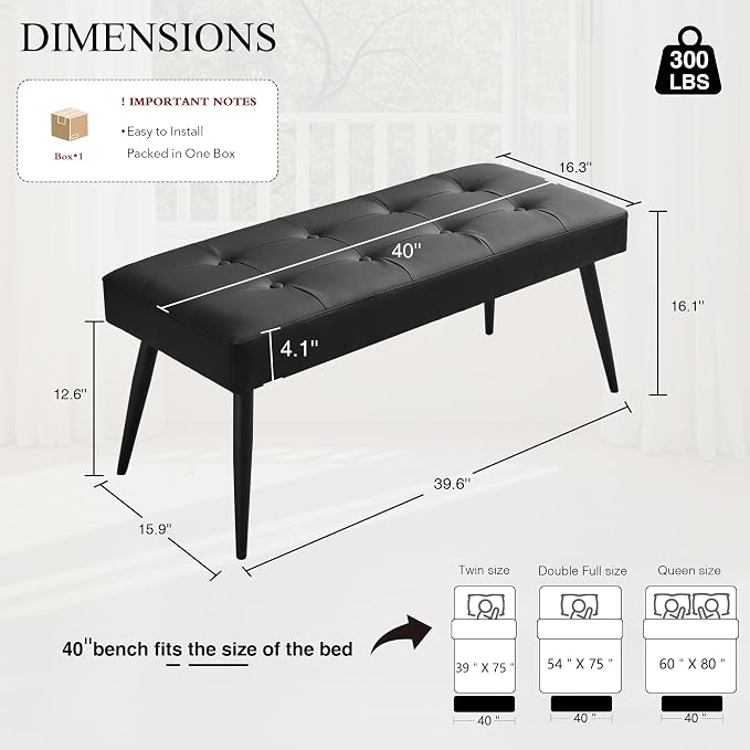 LOULENS Faux Leather Entryway Bench, Modern Upholstered Bench, Matte Black | - Image 3