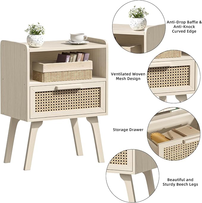 Lerliuo Rattan Nightstands Set of 2, Side Table - Image 8