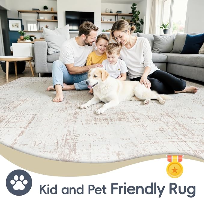 9x12 Washable Area Rug for Living Room Bedroom: Non-Slip Modern Beige White | - Image 6