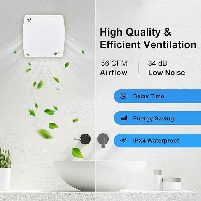 EINTTAX 4 Inch Exhaust Fan, 56CFM Wall Mount Bathroom Exhaust Fan with Timer and Backdraft Damper, Quiet Window Mount Extractor Ventilation Fan for Bathroom Kitchen Garage, 12W, White