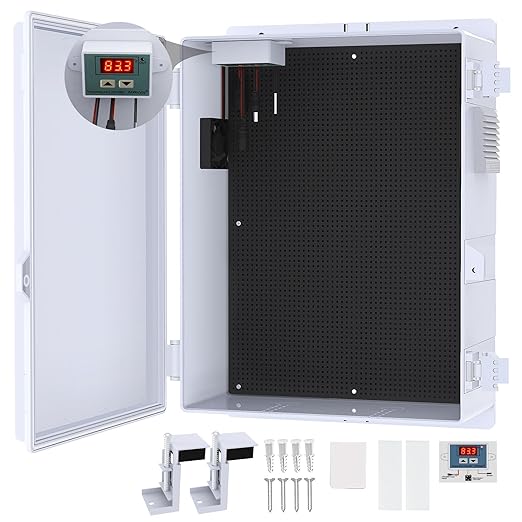 Akwscyby Outdoor Electrical Box, Waterproof Electrical Junction Box IP65 ABS Plastic Enclosure with Fan & Thermostat, Mounting Plate and Hinged Lid (15.7" H x 11" L x 5.9" W)