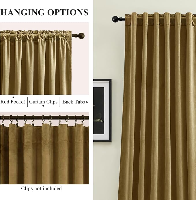 Gold Velvet Blackout Curtains 102 Inches, Floor to Ceiling Drapes Back Tab | - Image 2