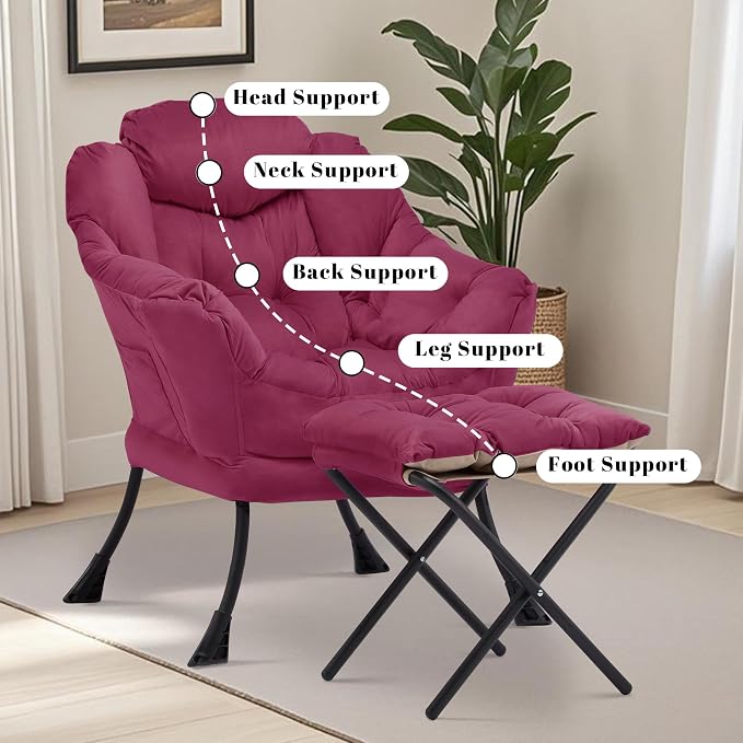 Lazy Chair with Ottoman, Comfy Reading Chair, Burgundy | Cushioned Seat with - Image 7