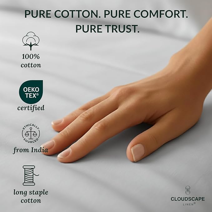 Cloud Scape Linen 100% Egyptian Cotton Sheets for Queen Size Bed, 400 Thread Count, 4 Pieces Bedding Set, Hotel Quality, Silky Soft, Deep Pockets up to 17”, Light Grey